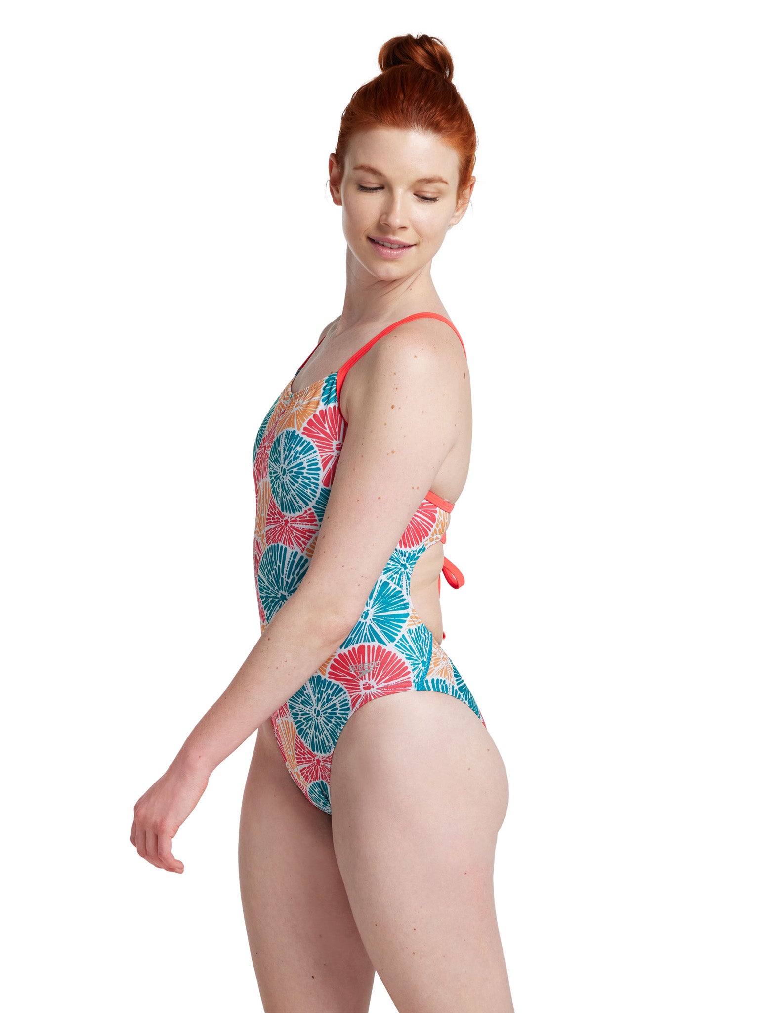 Women's  Printed Double Lace Back One Piece Swimsuit - Blue, Orange and Pink