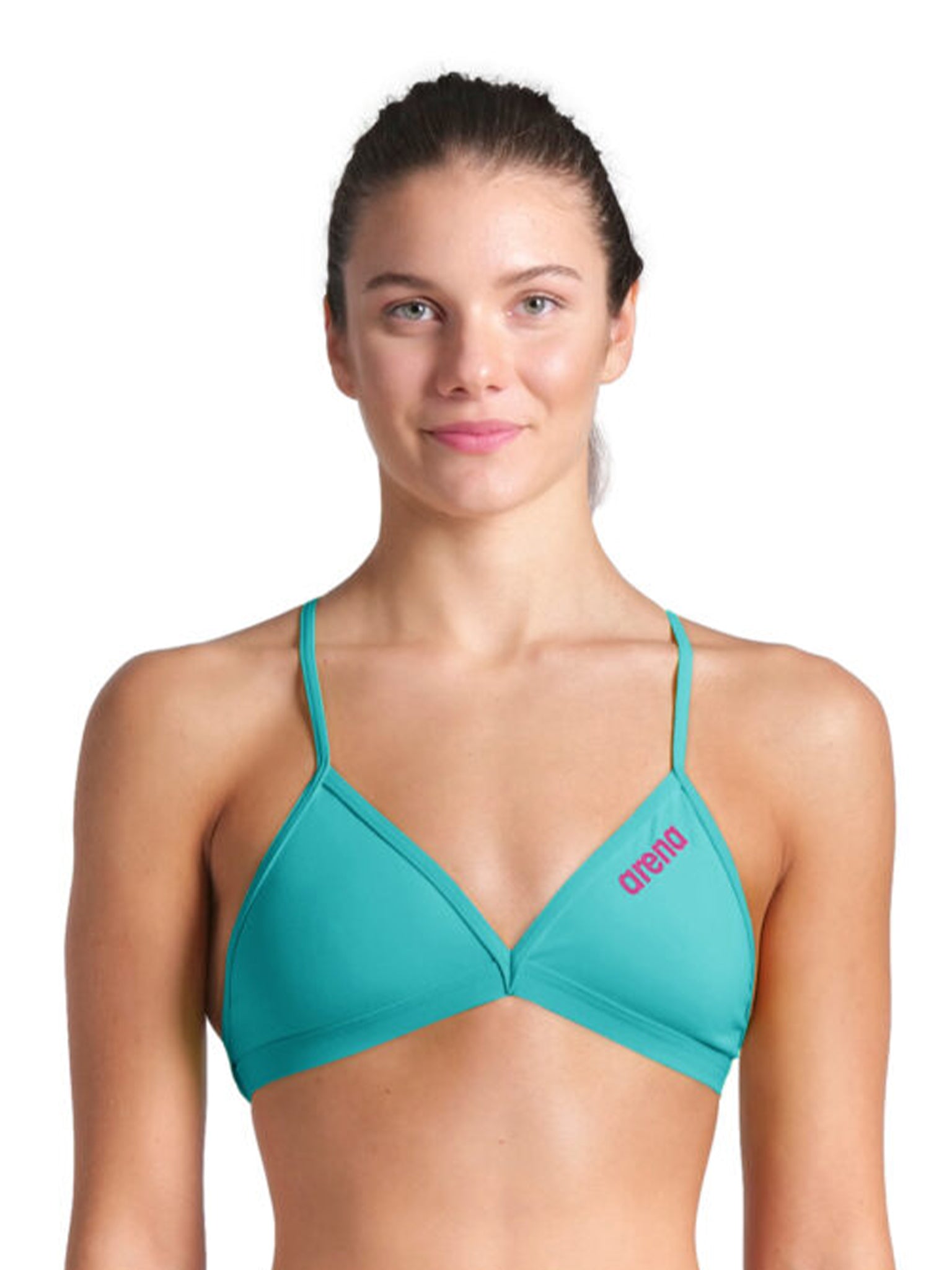 Women's Performance Solid Team Tie Back Swimsuit Top - Water/Shocking Pink