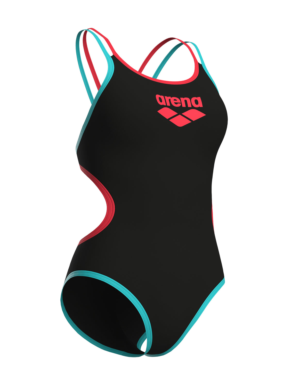 Women’s One Double Cross Back One-Piece Swimsuit – Black/Bright Coral/Water