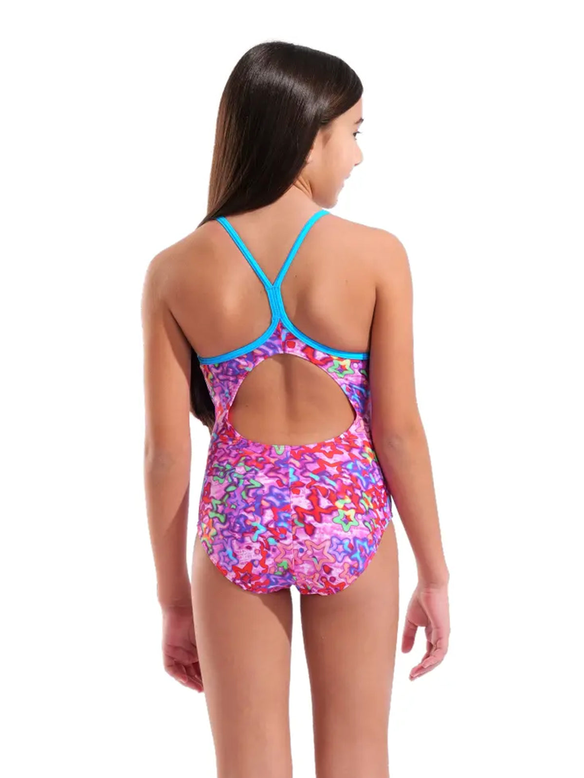Maillot de bain une pièce Stars Lightdrop Back pour filles – Multi Rose/Turquoise