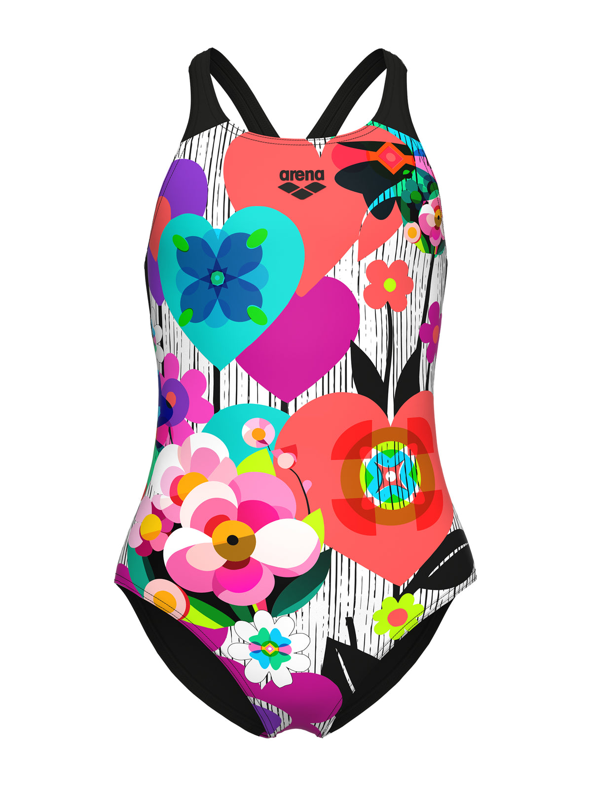 Girls’ Roses V Back One-Piece Swimsuit – Black/White/Multi